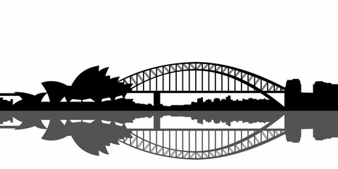 Sydney City skyline black and white silhouette. Vector illustration. Simple flat concept for tourism presentation, banner, placard or web site. Business travel concept. Cityscape with landmarks.
