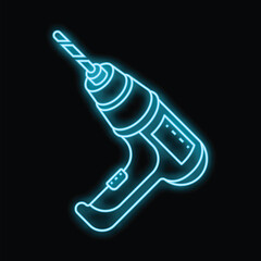 Blue neon sign of a cordless drill glowing on a dark background