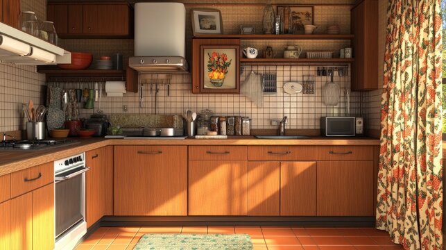 A distinctive 1970s kitchen with terracotta tiles