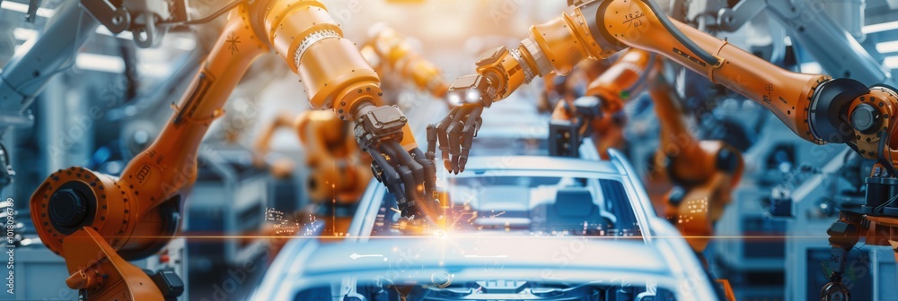 Aufkleber Advanced robotic arms are executing precise assembly tasks on vehicles within a cutting-edge production environment. Generative AI