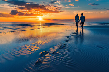Fototapeta premium Couple walking hand-in-hand along the shoreline at sunset, with warm golden light reflecting on the water. Footprints trail behind them as they enjoy the serene, romantic moment