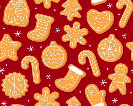 Seamless pattern with Christmas gingerbread cookies in different shapes. Red background. Christmas cookies with sugar glazed. New year pattern for wrapping paper, fabric, card.