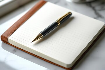 Stylish pen resting on a clean notepad, perfect for note-taking or journaling in an elegant workspace setting.