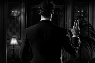 Naklejka premium A man in a classic suit standing in dark room. Back view