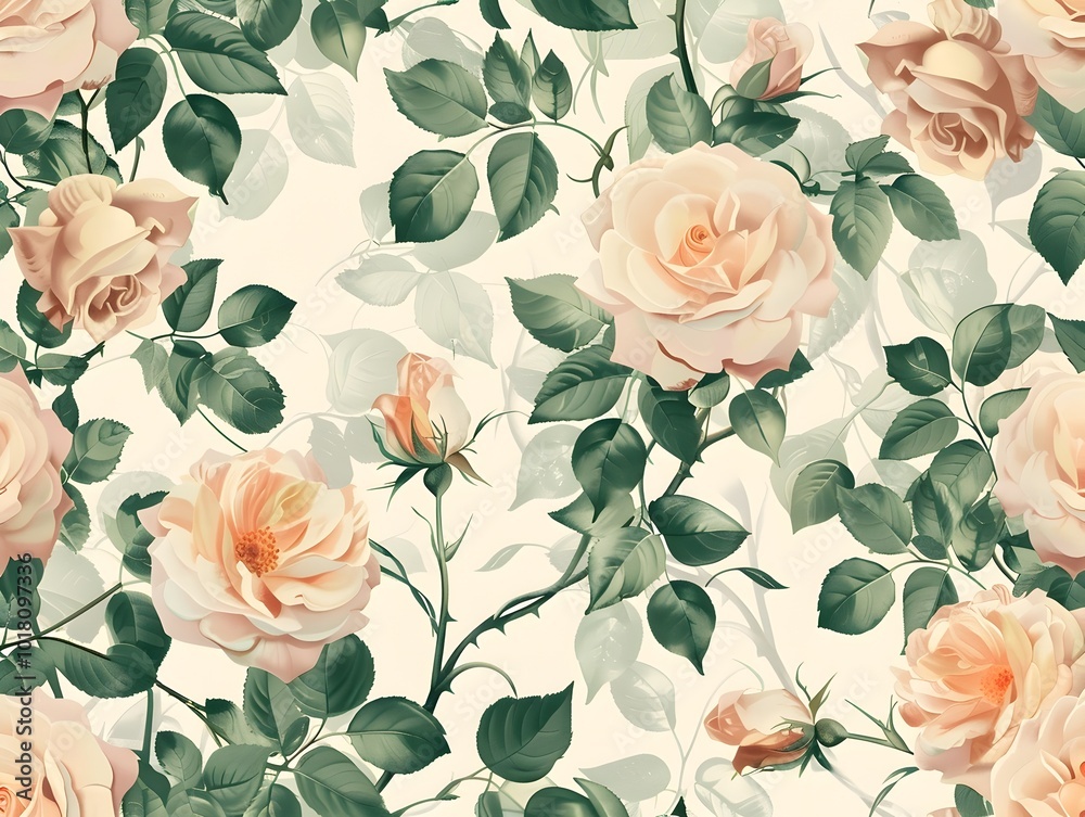 Wall mural Vintage Inspired Soft Pastel Floral Rose Pattern Evoking Classic Victorian Elegance