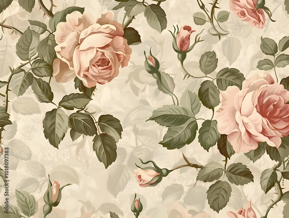 Poster vintage inspired floral pattern with soft pastel rose blooms and delicate vines