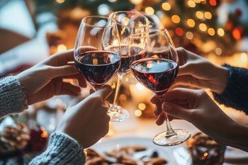 holidays, drinks and celebration concept - close up of hands toasting wine glasses at a dinner party on christmas at home. MZ