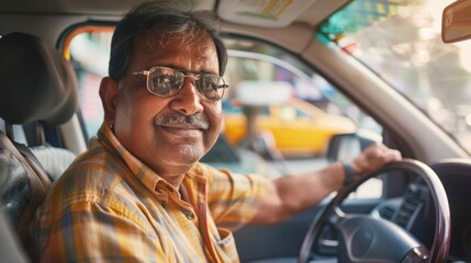 Naklejka premium Indian Taxi Driver Smiling at the Wheel During a Sunny Day