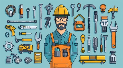 A builder engineer wearing a uniform and protective helmet, equipped with various construction instruments, depicted in thin line style vector illustrations