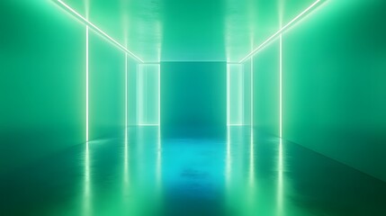 Obraz premium Blue-green gradient studio room, abstract background pattern, walls and floor reflect neon lights, dark tones and feel speed of digital technology connected blue-green background. Future technology.