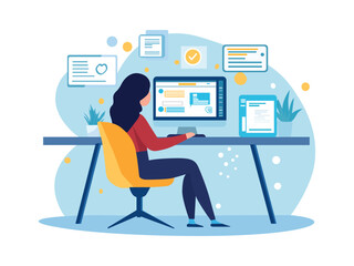 Woman sits at a desk looking at different websites working from home, vector illustration