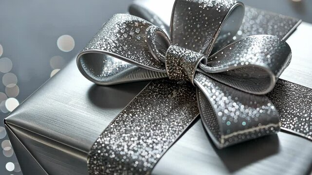A silver gift box with a glittery bow sits on a table, ready to be opened