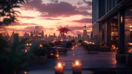 Fototapeta premium Stunning Rooftop View at Sunset with Vibrant Cityscape and Relaxing Ambiance