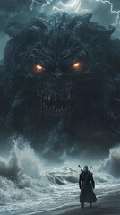 Lone Warrior Facing Massive Sea Monster on Stormy Beach &ndash; Generative AI