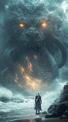 Lone Warrior Facing Massive Sea Monster on Stormy Beach &ndash; Generative AI