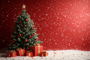 Cheerful Christmas Scene 3D Render of Tree and Gifts on Snowy Red Background