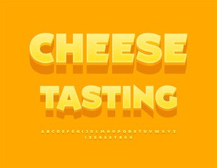 Vector advertising badge Cheese Tasting. Sunny Yellow Font. Creative Alphabet Letters and Numbers.
