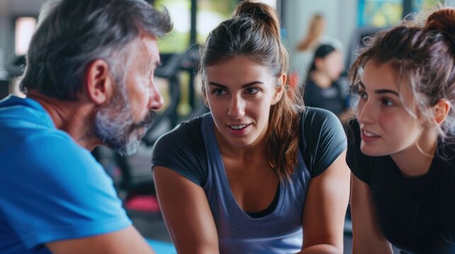 A fitness coach working closely with clients to develop personalized exercise plans , wide background