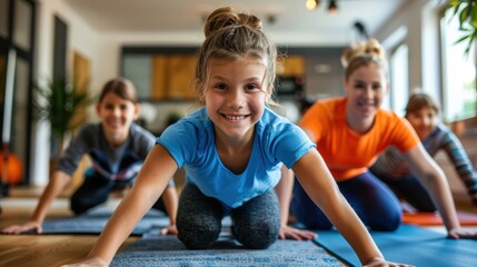 A family engaging in a home fitness session with various exercises , wide background