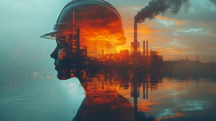 Fototapeta premium Engineers at Work in Double Exposure Effect