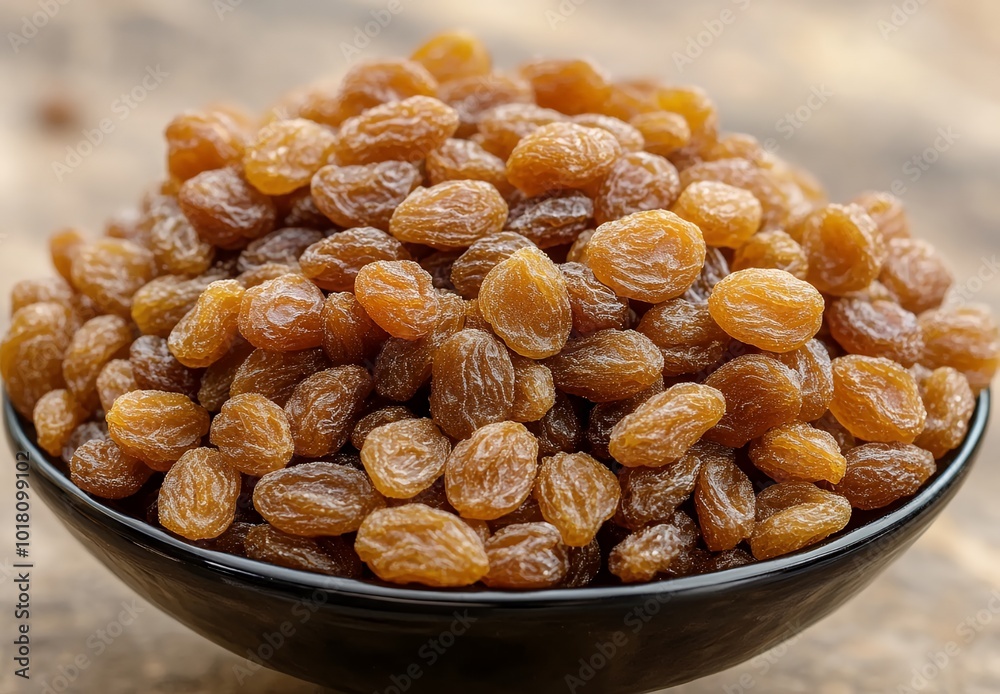 Poster Close-up of golden raisins in a black bowl.