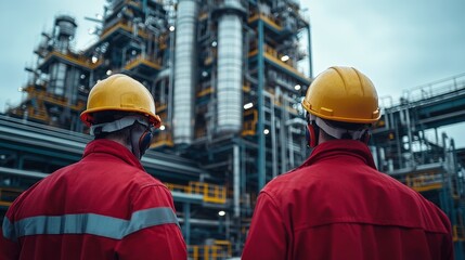Workers in Helmets Observing Energy Industry Facility