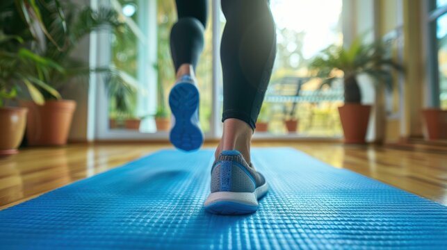 A person doing a workout routine at home with exercise mats and equipment , wide background