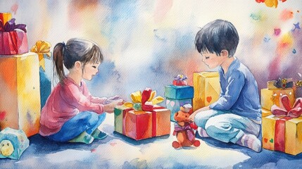 Children Opening Gifts Watercolor Illustration. Safe Toys and Gifts Month