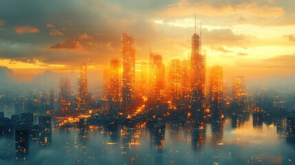 Futuristic Cityscape Under Construction at Sunset