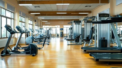 Fototapeta premium A fitness center showcasing various exercise equipment and machines , wide background