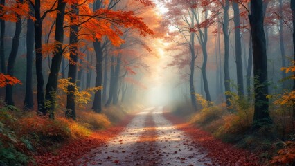 A serene forest path blanketed in vibrant autumn leaves under the glow of soft morning light, creating a tranquil and picturesque scene.