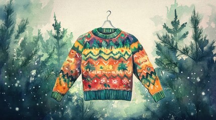 Festive Christmas Sweater Watercolor Illustration. National Ugly Christmas Sweater Day