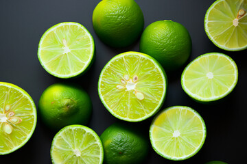 Fototapeta premium Of oranges, limes, and citrus. fruit fresh drink concept. two halves of a lime on a with greens. a man is putting oranges, limes, and citrus on a of lifestyle and green.