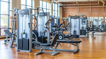 Obraz premium A fitness center showcasing various exercise equipment and machines , wide background