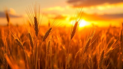 Fototapeta premium Golden wheat field at sunset, with sun rays illuminating the ripe crops creating a warm, serene atmosphere.