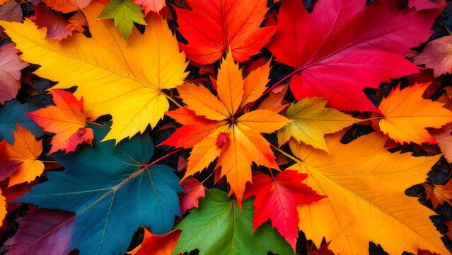A vibrant assortment of autumn leaves showcasing an array of colors like red, yellow, orange, and green, overlapping in a stunning natural display.