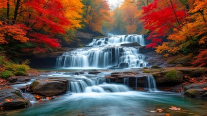 Fototapeta premium A stunning waterfall cascades through a vibrant autumn forest with brilliant red and orange foliage, creating a serene and enchanting natural landscape.