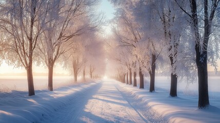 Winter Wonderland: Serene Road Lined with Frosty Trees and Gentle Light