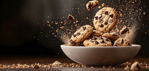 A plate of cookies bursts in motion, scattering crumbs and chocolate chips, creating a lively atmosphere. Foof Unrealistic Concept