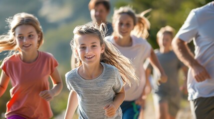 Fototapeta premium A close-up of family members enjoying a group workout or outdoor activity , wide background