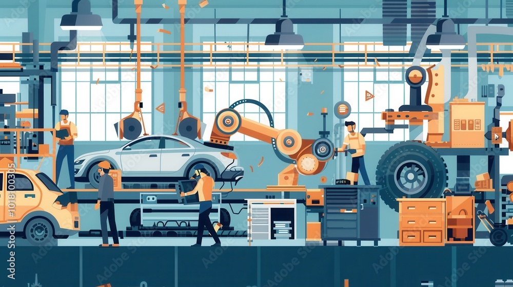 Aufkleber in a busy manufacturing facility, workers operate machinery to assemble car components and parts eff