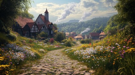 Fototapeta premium A Serene Village Pathway Surrounded by Colorful Flowers and Scenic Hills