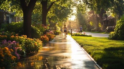Obraz premium A tranquil morning walk on a sunlit sidewalk surrounded by flowers and trees
