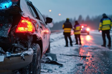 A damaged car on a snowy road with emergency personnel in winter gear providing assistance, highlighted by the contrasting lights of surrounding vehicles.