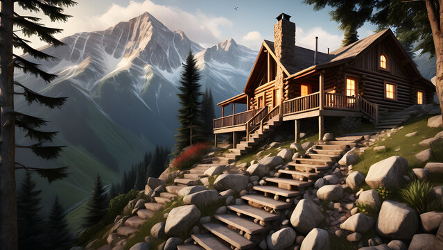 house in the mountin with stairs, generative ai