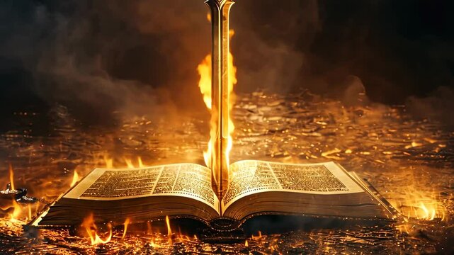 A flaming sword pierces a book lying in the middle of a burning field