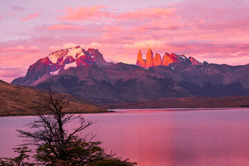 Naklejka premium This stunning sunrise view at Lake Azul (Lago Azul) in Torres del Paine National Park, Chile, captures the iconic peaks of the Torres bathed in vibrant pink hues.