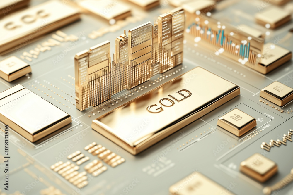 Poster Digital representation of gold bars and financial market graphs, symbolizing investment and wealth concepts. The image features gold components and circuit board elements.