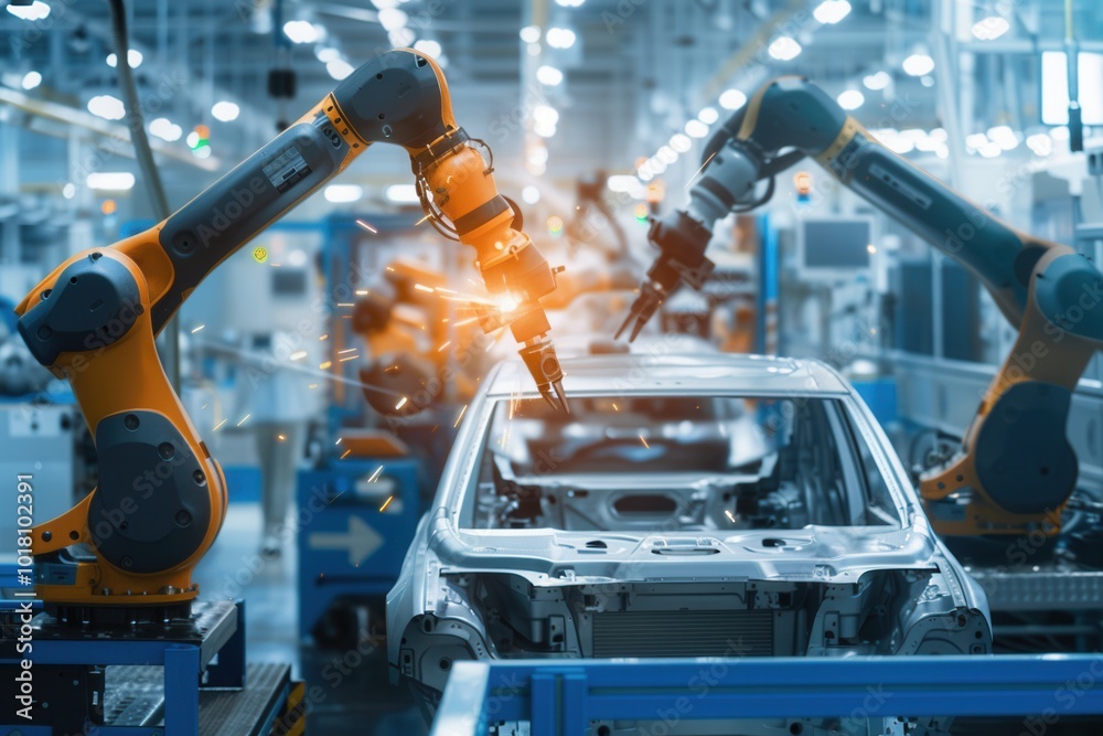 Fototapete Robotic arms work together to assemble components of a car efficiently on a bustling factory assembly line. Generative AI