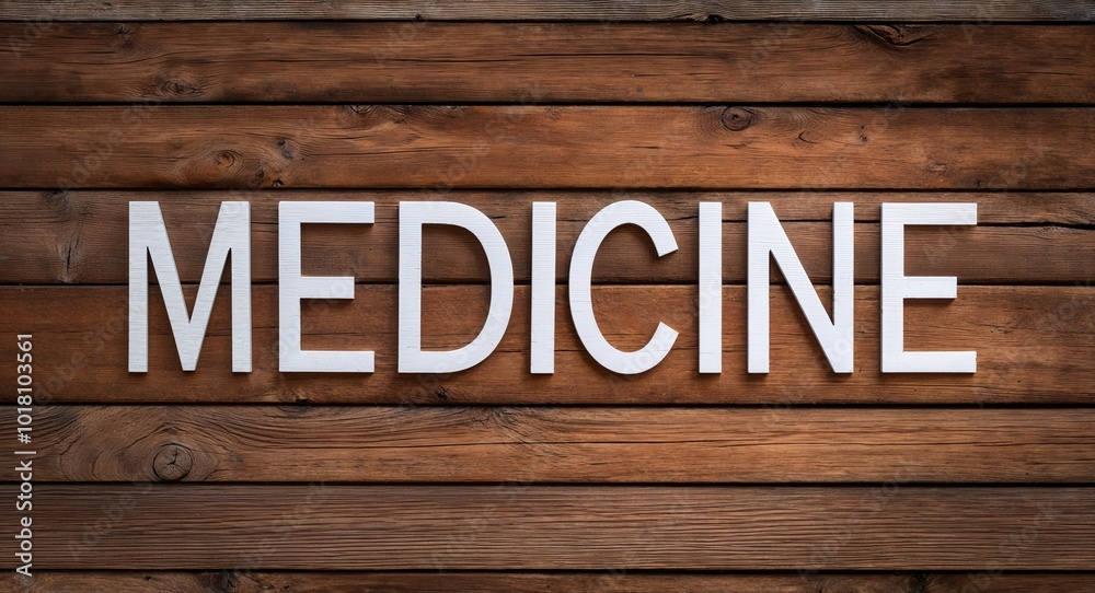 Wall mural medicine lettering on wooden wall planks background